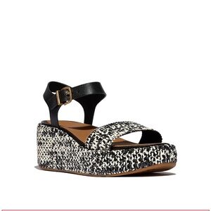 NEW. FitFlop Black and White Woven Wedge Sandal with Ankle Strap